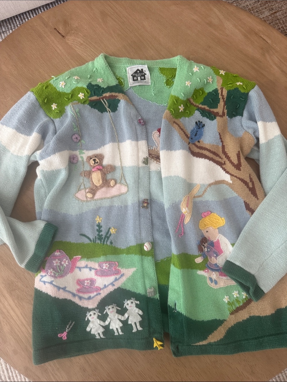 Storybook Knits Vintage Whimsical Pastel women’s sweater Cardigan  - Mint & Blue